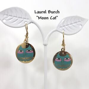 Laurel Burch Moon Cat Earrings Teal Pink Enamel Gold Plated 1980s Vintage